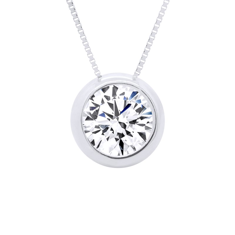 Collier solitaire - Or Blanc - Orné d'un Oxyde de Zirconium 5 mm serti Clos