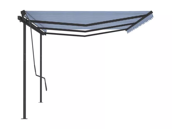 Auvent manuel rétractable avec poteaux 6x3,5 m Bleu et blanc