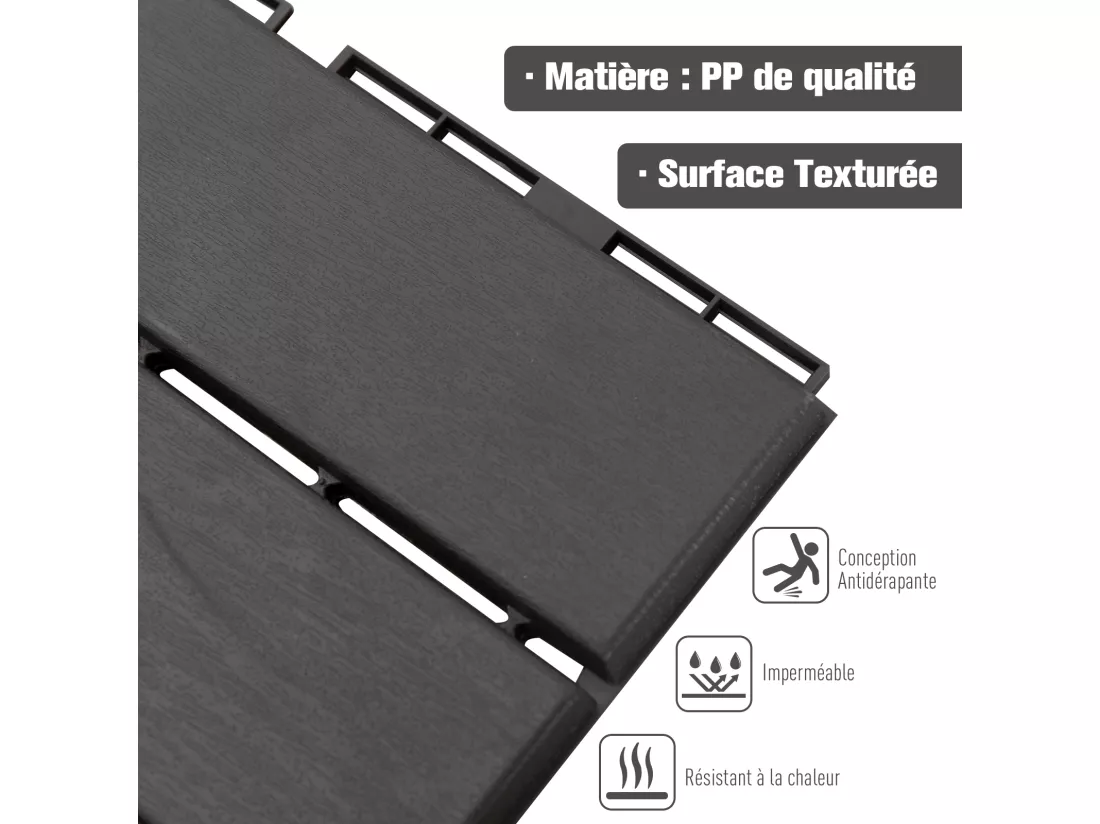 Caillebotis - dalles terrasse - lot de 9 - emboîtables, installation très simple - petits carreaux composite plastique imitation bois noir