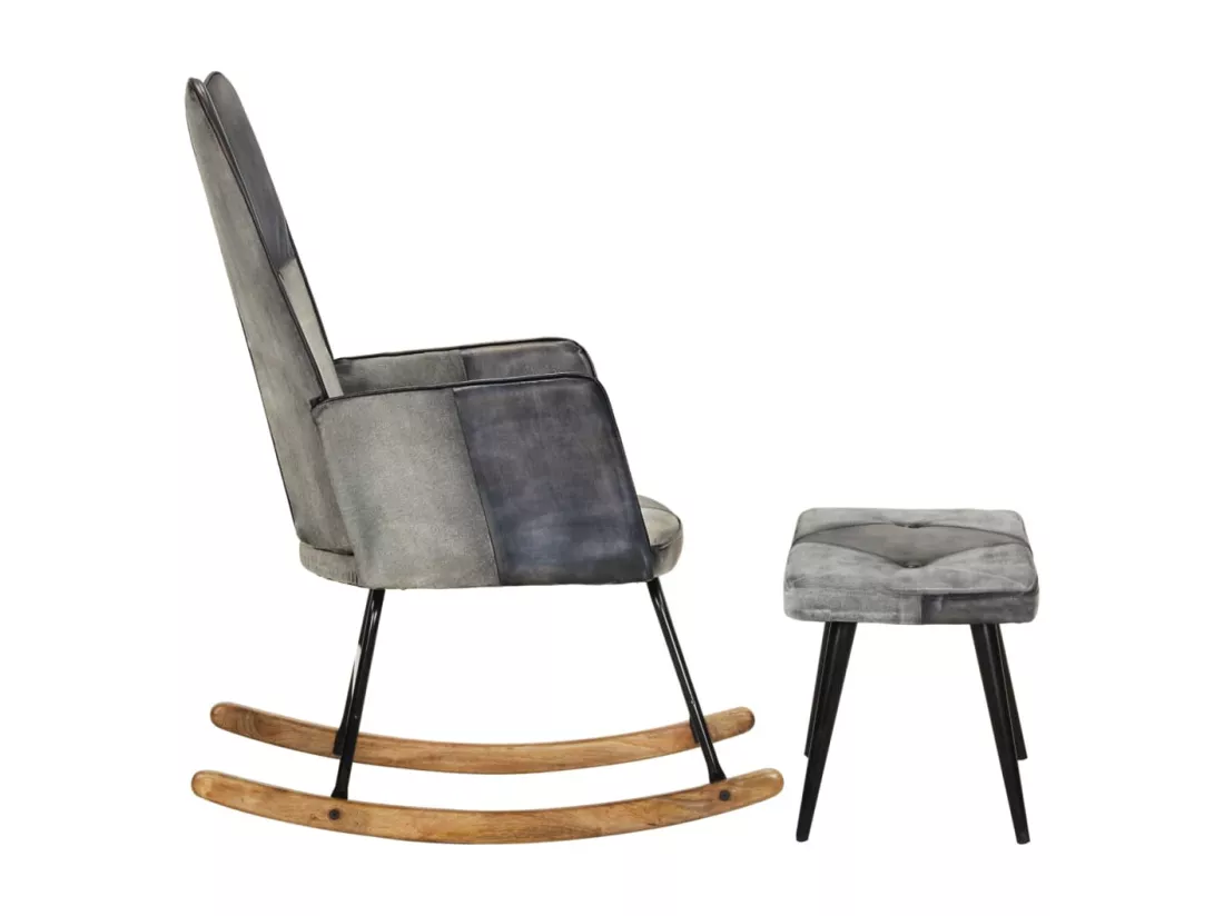 Chaise à bascule et repose-pieds Gris Cuir véritable et toile