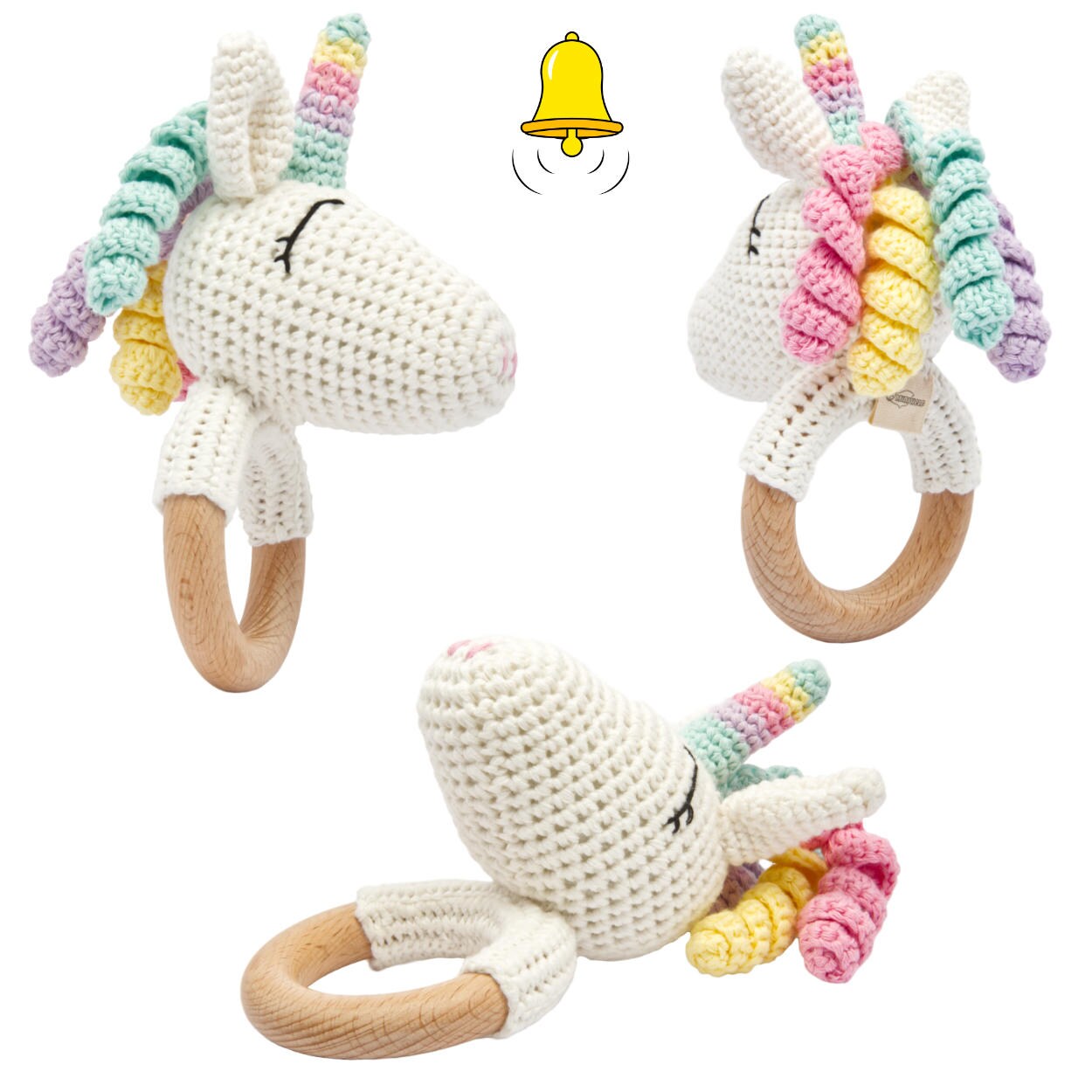 Handgestrickter Einhorn Rainbow Set Babyrassel Holz Baumwolle 16 cm