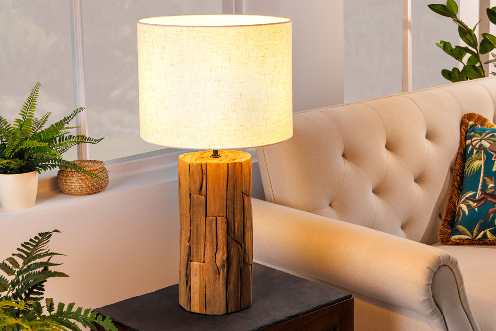 Design Tischlampe ROOTS 60cm Treibholz Leinenschirm beige handmade