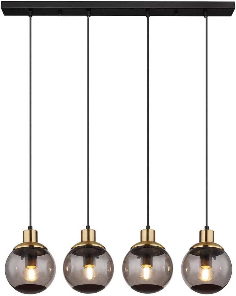 Hängelampe Glas modern Pendelleuchte Rauchglas Hängeleuchte schwarz, 4 flammig Metall Glaskugeln messing Retro, 4x E27 Fassungen, LxBxH 75x15x110cm