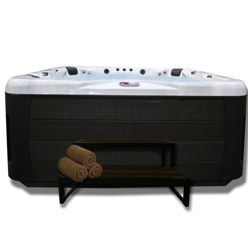 Banheira de hidromassagem quadrada de acrílico American Spas para 7 pessoas, com 56 jatos, ozonizador e alto-falante embutido.