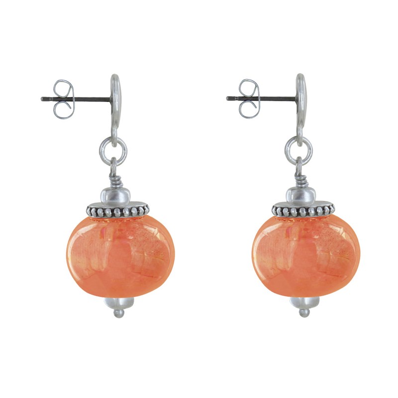 Boucles d'Oreilles Clous Métal Argenté et Grosses Perles en Céramique