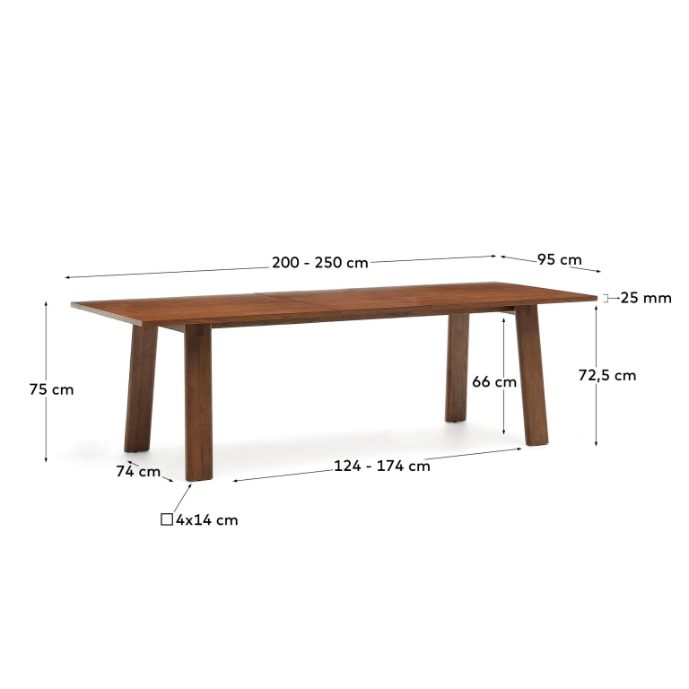 Kave Home Arlen uitschuifbare tafel 200/250x95 walnoot