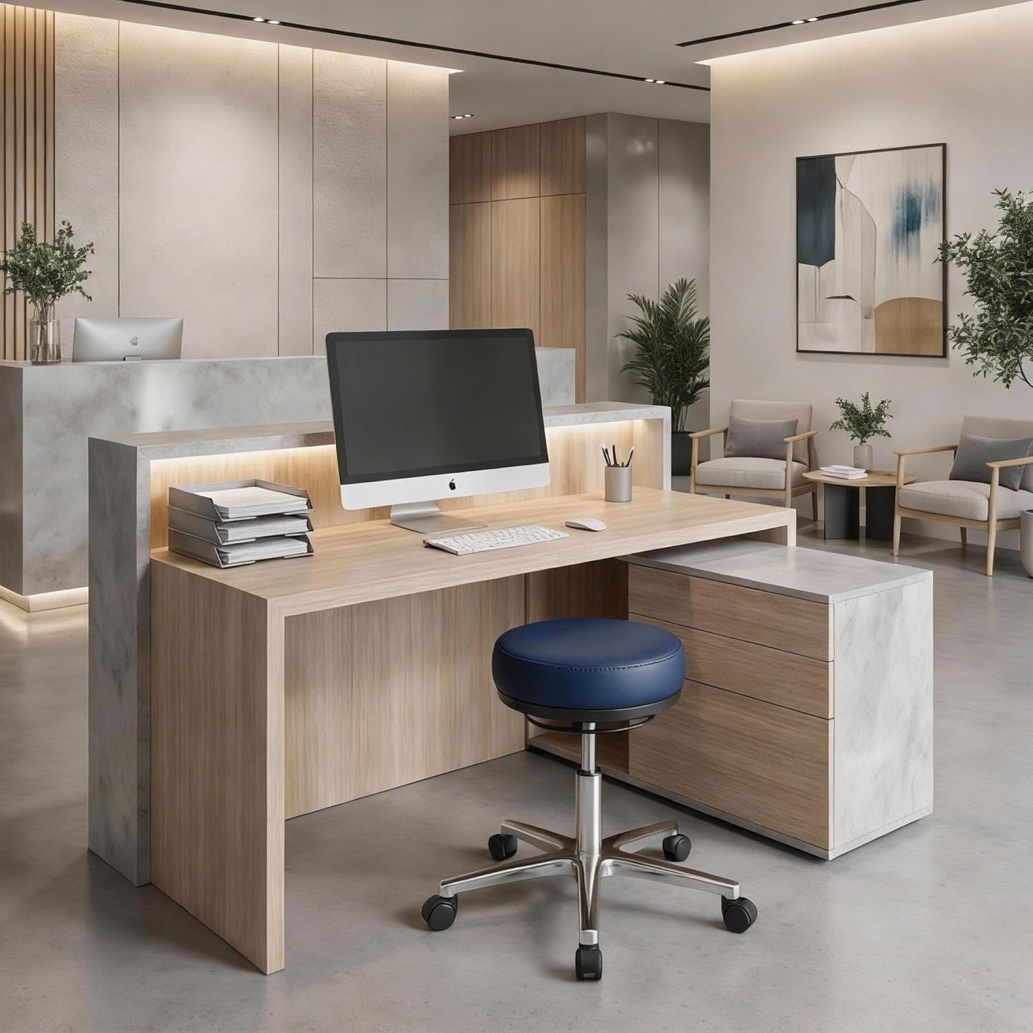 VERSEE Höhenverstellbarer Arbeitshocker LIBER aus Echt-Leder - Blau - Komfortable Polsterung - Belastbar bis 150kg - Ideal für Büro und Praxis