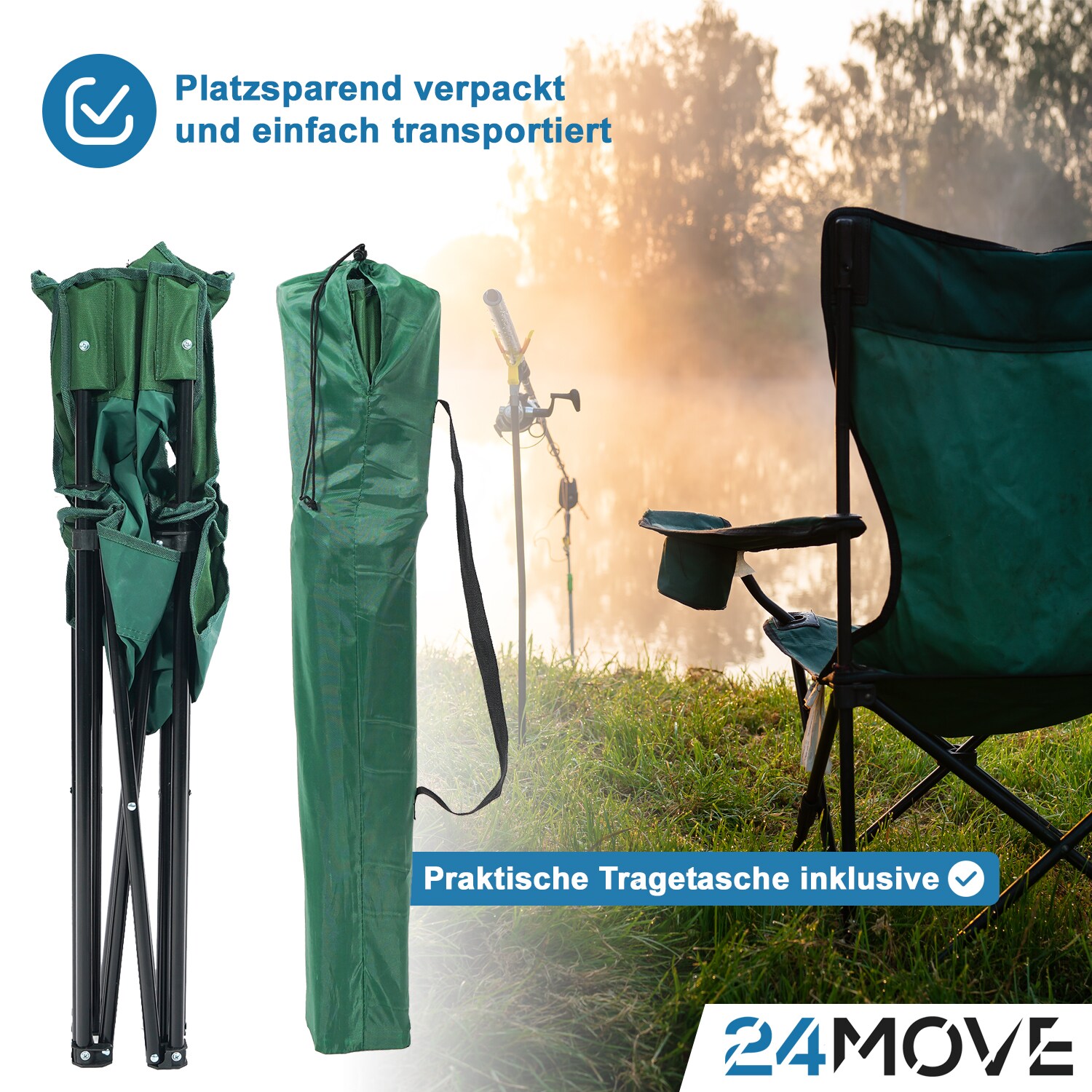 24MOVE® Campingstuhl Faltstuhl, blau, mit Getränkehalter und Tragetasche Outdoor, faltbar max. 100kg, Angerstuhl, Klappstuhl