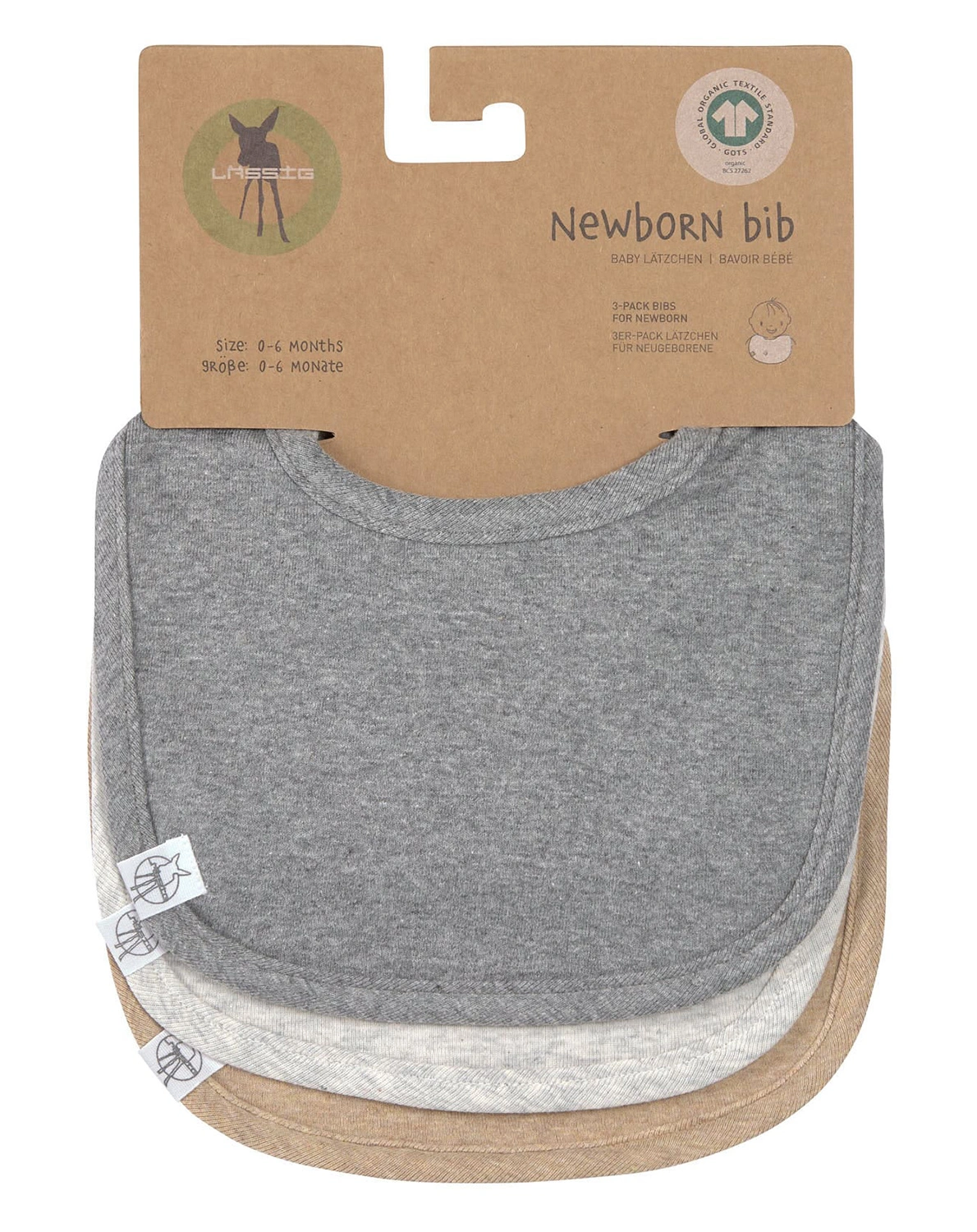 Klett-Lätzchen COTTON UNI 3er Set in dunkelgrau/hellgrau/beige