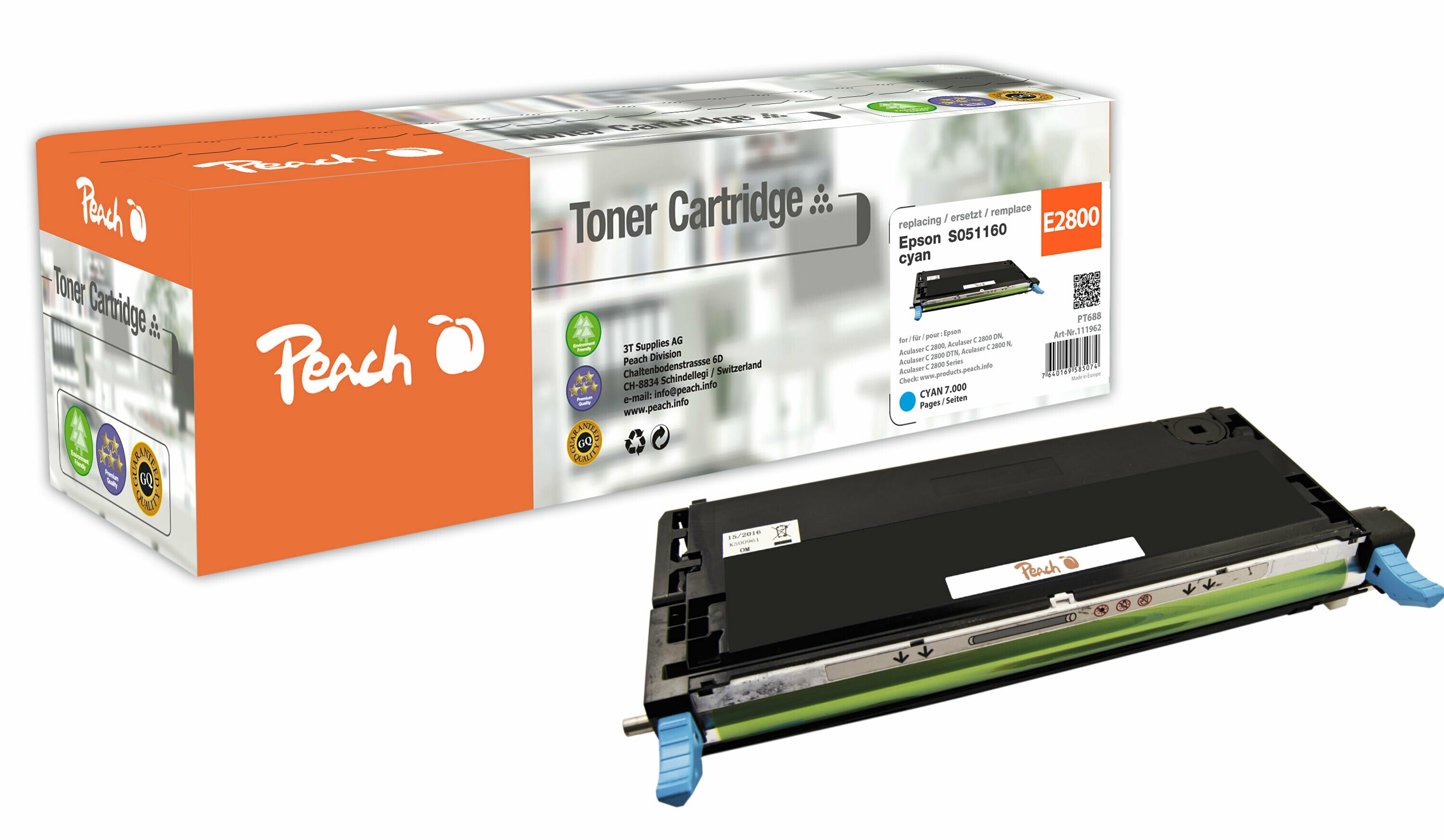 Peach E2800Toner cy ersetzt Epson C13S051160 für z.B. Epson Aculaser C 2800, Epson Aculaser C 2800 DN, Epson Aculaser C 2800 DTN (wiederaufbereitet)