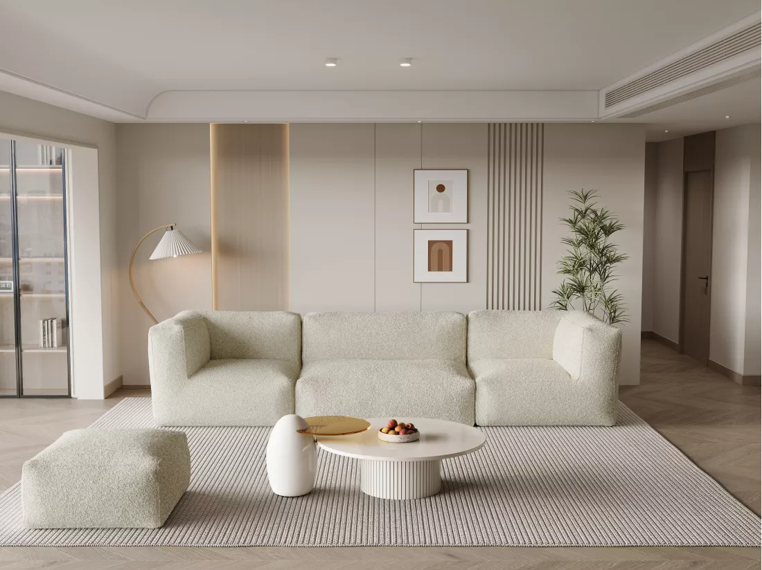 Canapé modulable avec pouf en tissu bouclette beige NOUMARA