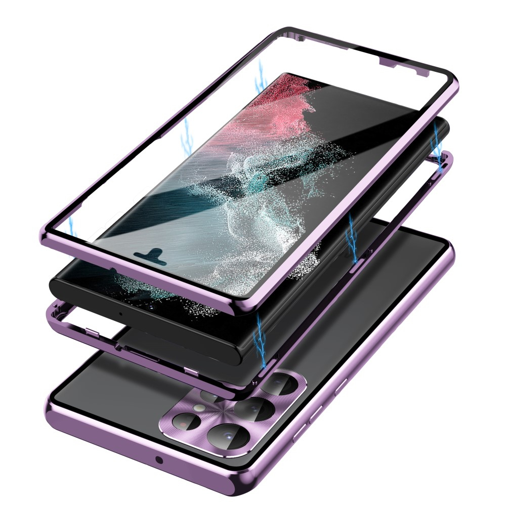 Samsung Galaxy S23 Ultra 5G Magnetische Alu Schutzhülle mit Panzer Glas Backcover   Display- / Kameraglasschutz (Verschlussmechanismus) - Lila