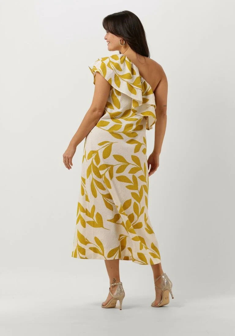 SECOND FEMALE gouden second female midi jurk uivo one-shoulder dress