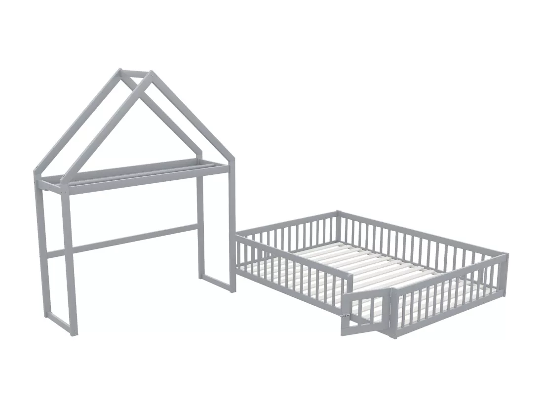Lit enfant cabane 140x200cm en bois massif - avec tringle à vêtements - Gris