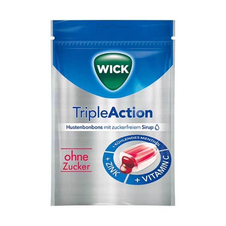 WICK Tripleaction Menthol & Cassis Bonbons ohne Zucker, 72 g
