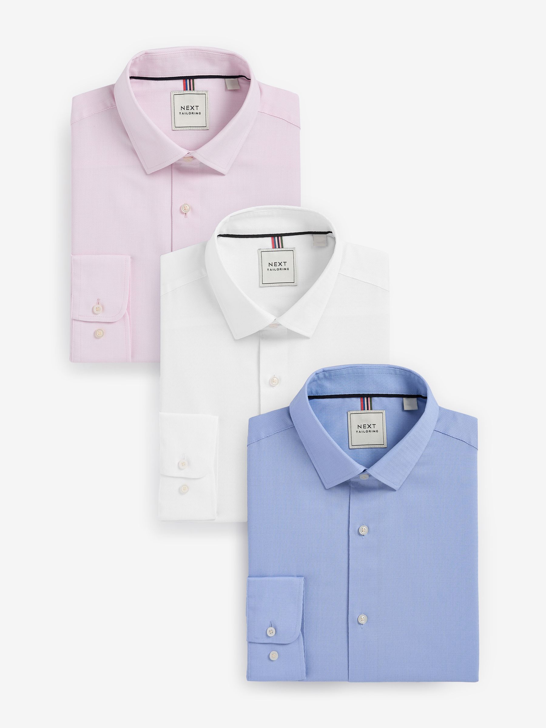 Wit/blauw - Slim Fit Easy Care Textured Single Cuff Smart Shirts 3 Pack