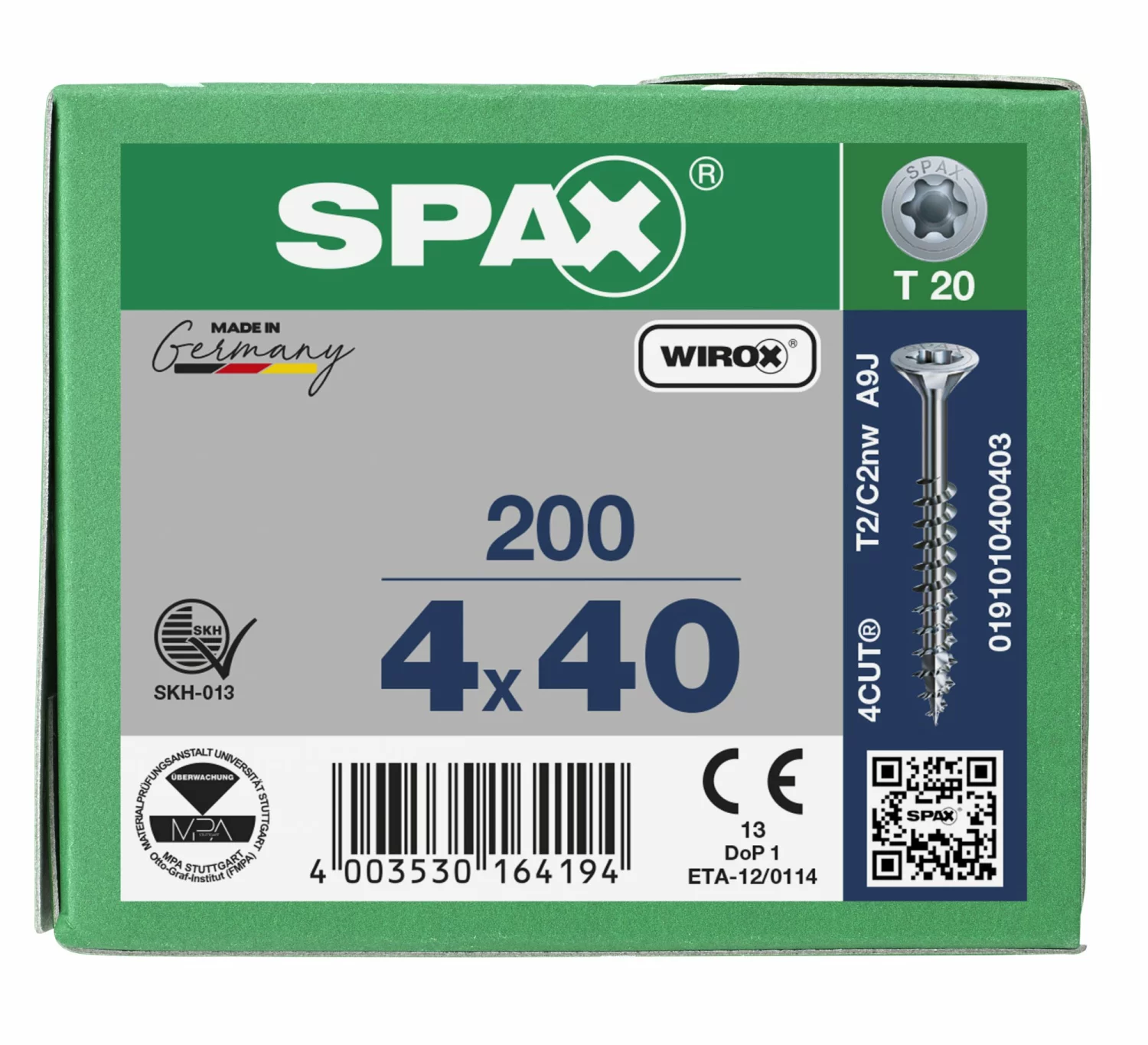 SPAX 191010400403 Universele schroef, Verzonken kop, 4 x 40, Deeldraad, T-STAR plus TX20 - WIROX - 200 stuks