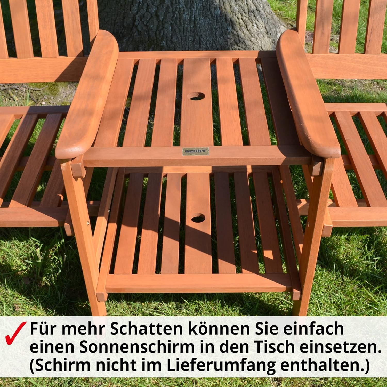Hecht Gartenbank mit Gartentisch – 2 Sitzer – Friesenbank für Garten und Balkon – Holzbank aus hochwertigem Meranti Holz – mit Tisch – wetterfest – Outdoor Bank für 2 Personen - Gartenstuhl