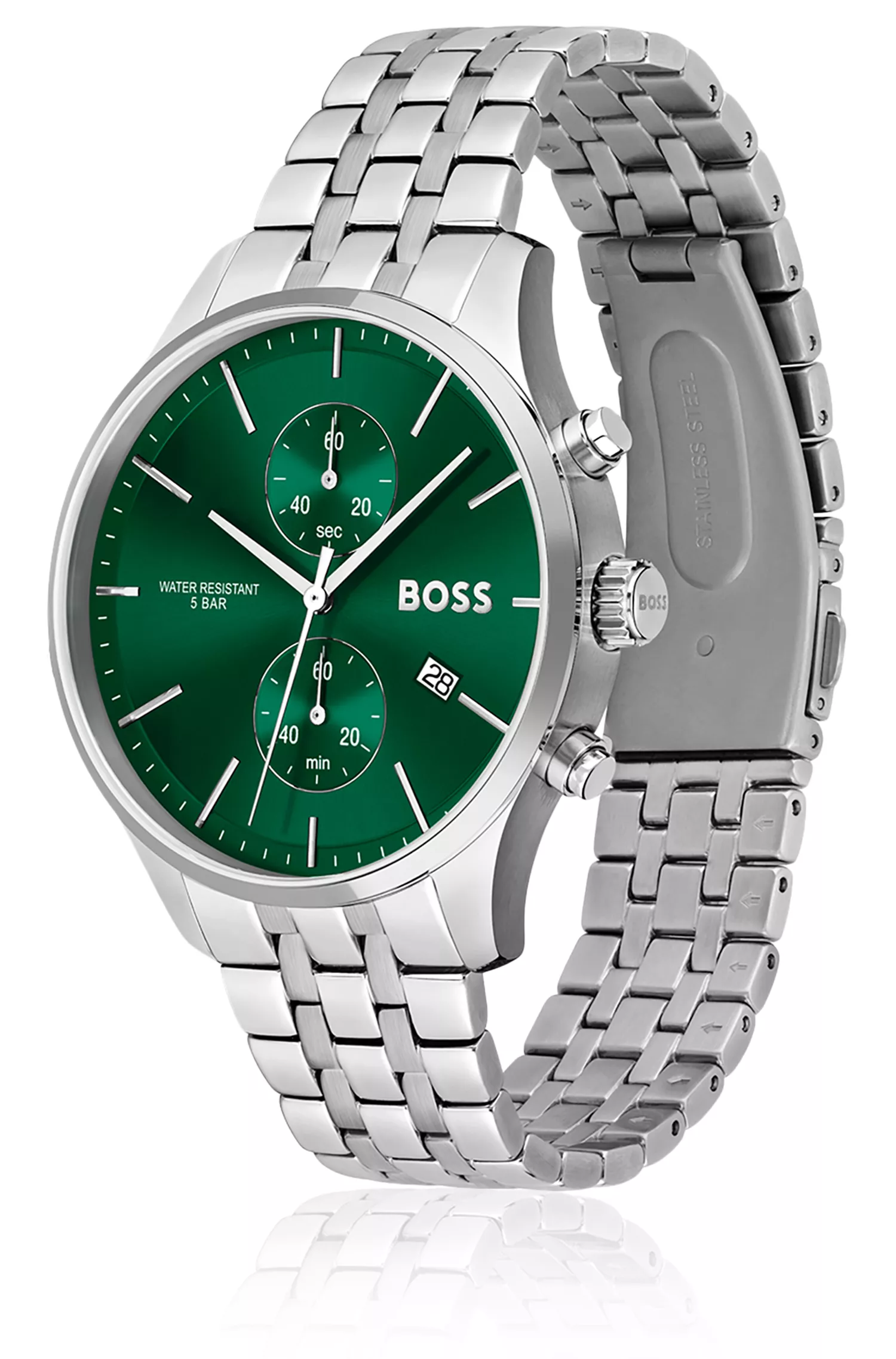 Relógio cronógrafo BOSS com pulseira de elos pretos e mostrador verde.