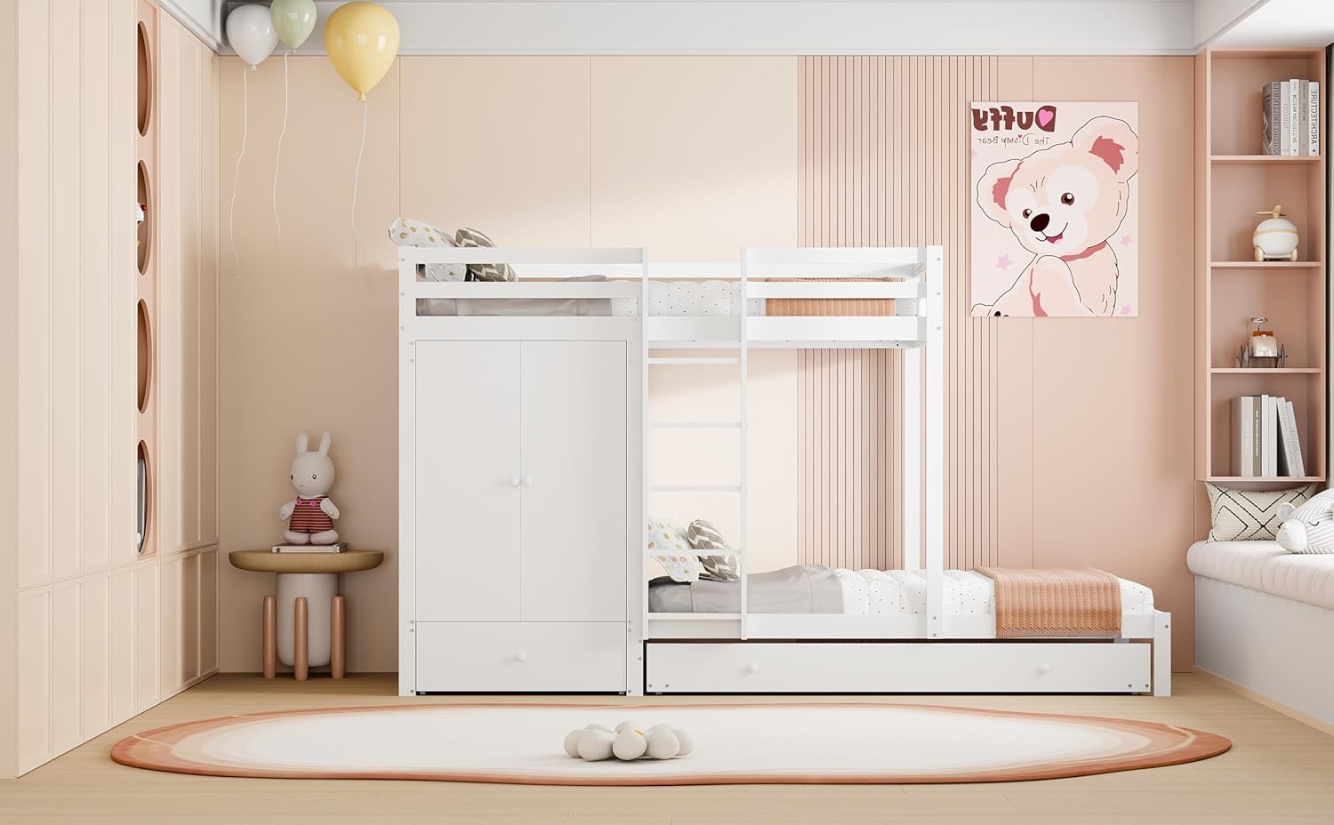 Etagenbett aus Massivholz mit Ausziehbett, multifunktionales Kinderbett mit Kleiderschrank, Schubladen und Ablagefach, Grau/Weiß, 90×200cm (Weiß)