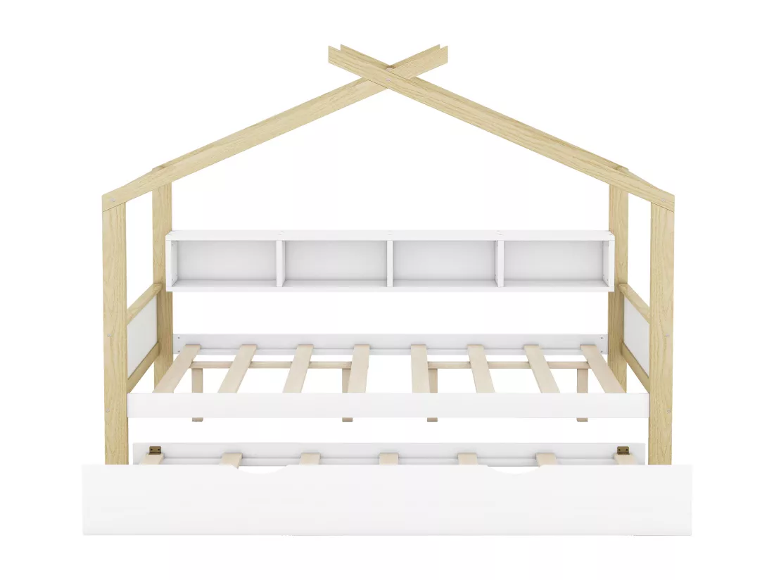 Lit cabane 140x200cm, lit de maison d'enfant, équipé d'un lit gigogne, 4 compartiments de rangement, blanc