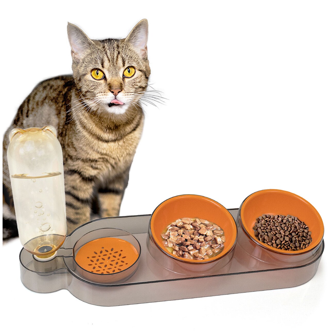 Catobel Futterbar mit 2 Näpfen und Wasserspender orange