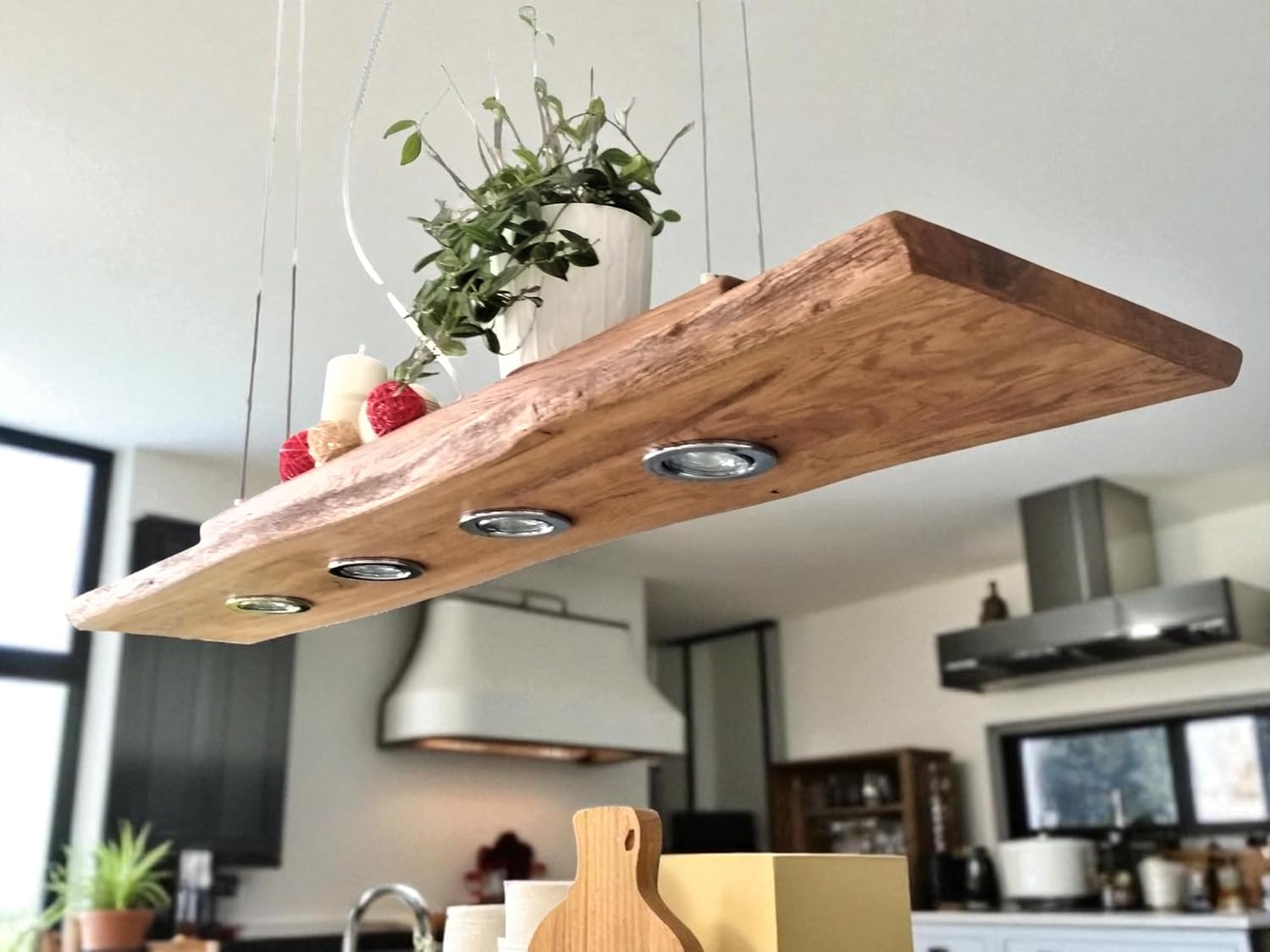 MAYA Esstischlampe Pendelleuchte Unikat Holz Hängelampe Hängeleuchte Led Vintage Set Leuchte Lampe Eiche dunkel geölt Massiv mit Baumkante (80cm) …