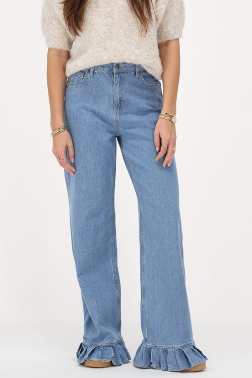 Lichtblauwe wide leg jeans met ruffles