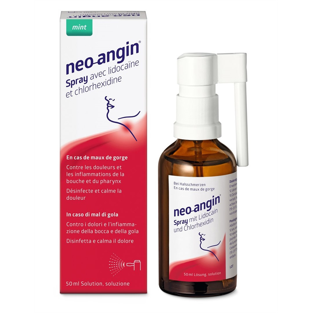 NEO-ANGIN Spray mit Lidocain und Chlorhexidin 50 ml<br>50 ml, Spray zur Anwendung in der Mundhöhle, Lösung, mit Lidocain und Chlorhexidin