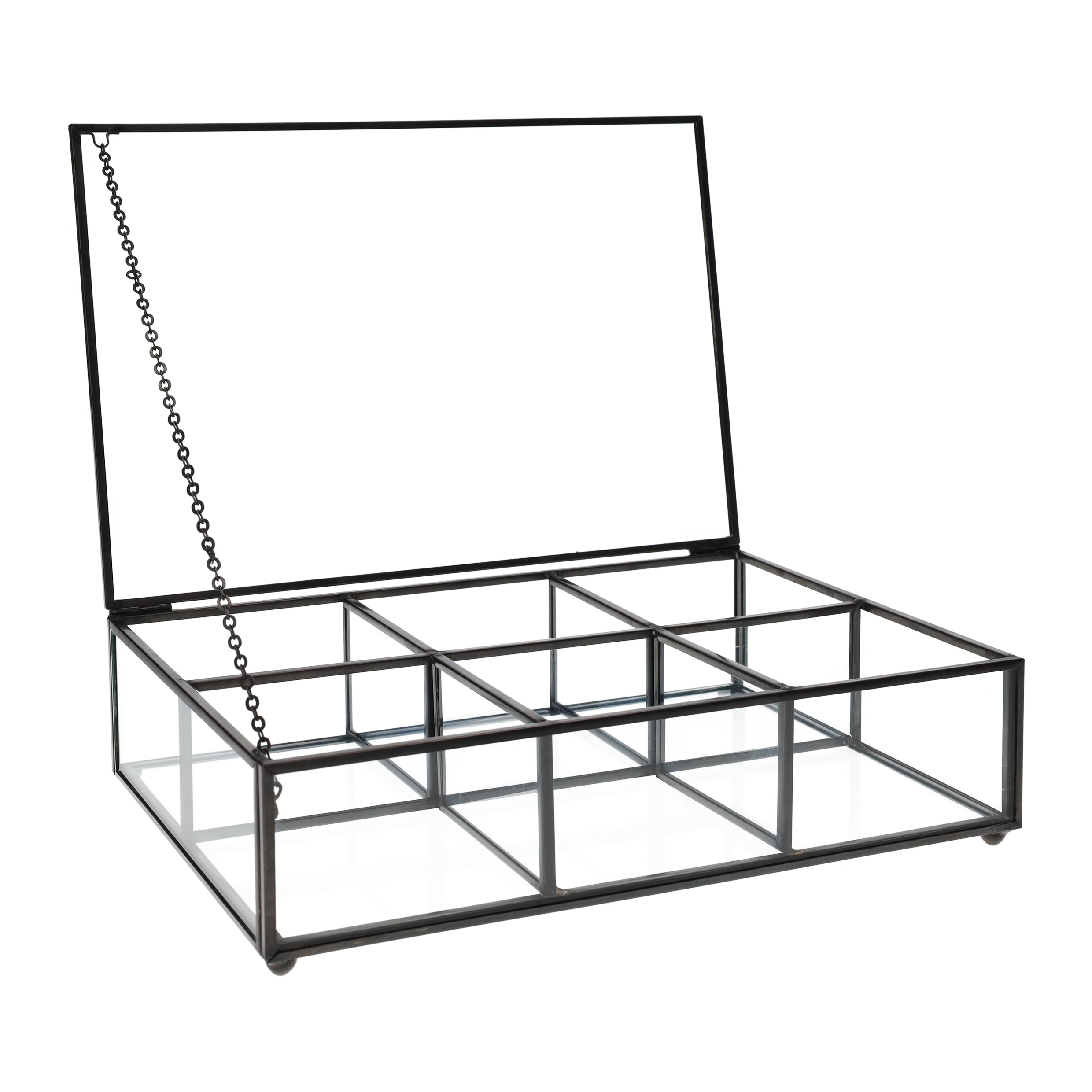 QUVIO Theedoos - Glas - Metaal - Zwart - 6 vakjes
