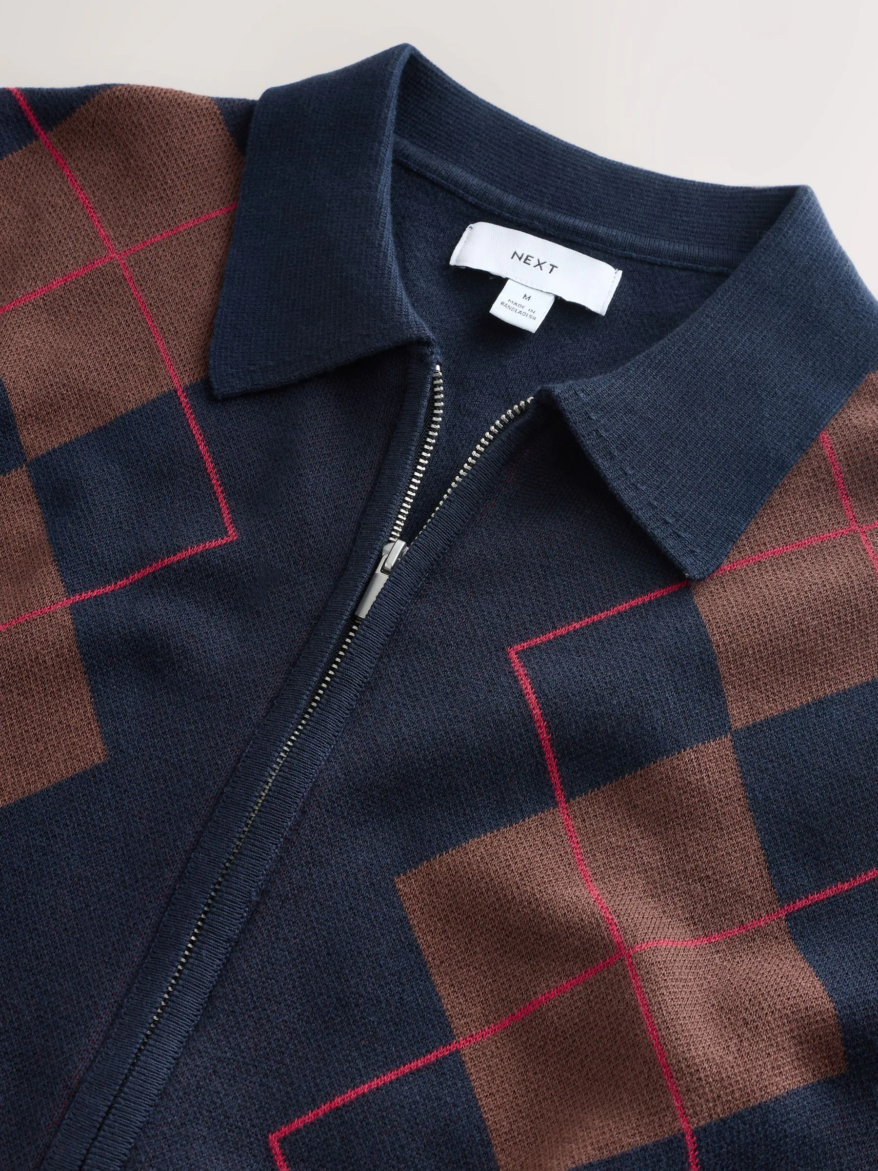 Donkerblauw - Regular Fit Argyle Pattern Collared Zip Through Cardigan
