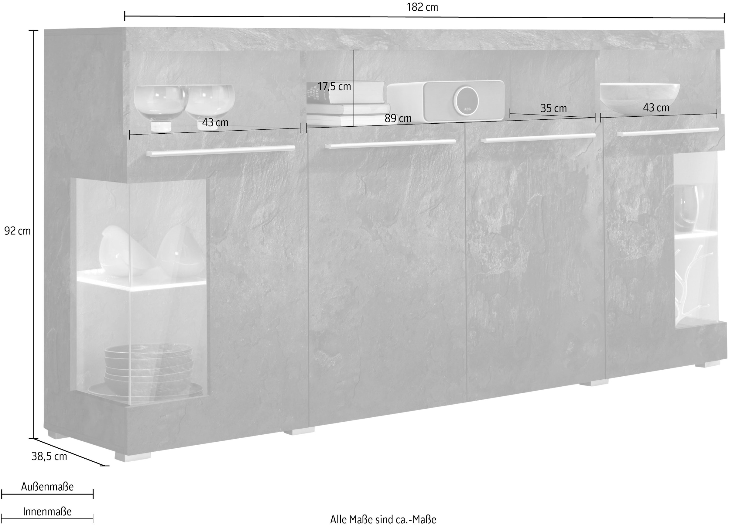 INOSIGN Sideboard »India,Breite 182cm, stilvolle Kommode mit Glastüren« Kombikommode viel Stauraum, Einlegeböden verstellbar,ohne Beleuchtung