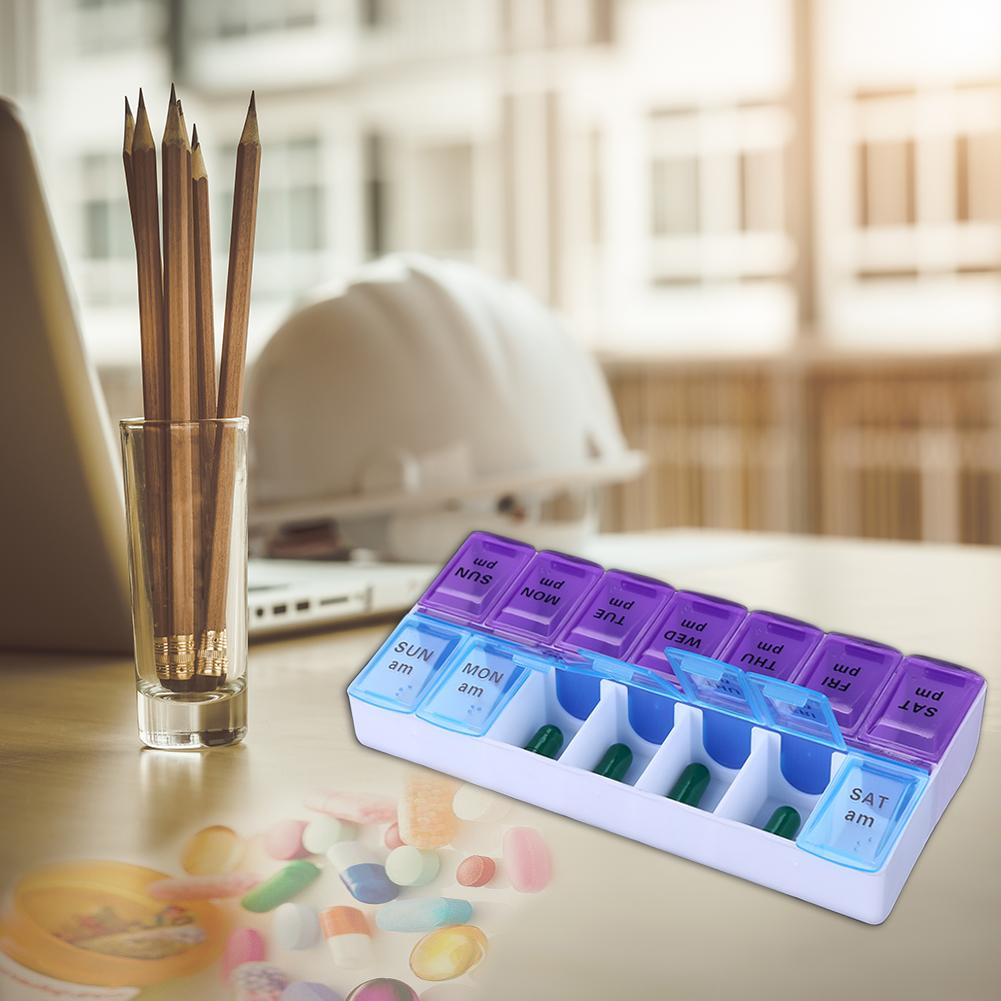 (170x90mm) Medikamenten Dosierer 7 Tage Dosett Tablettenbox Supplements Pillendose -  Lila / Blau