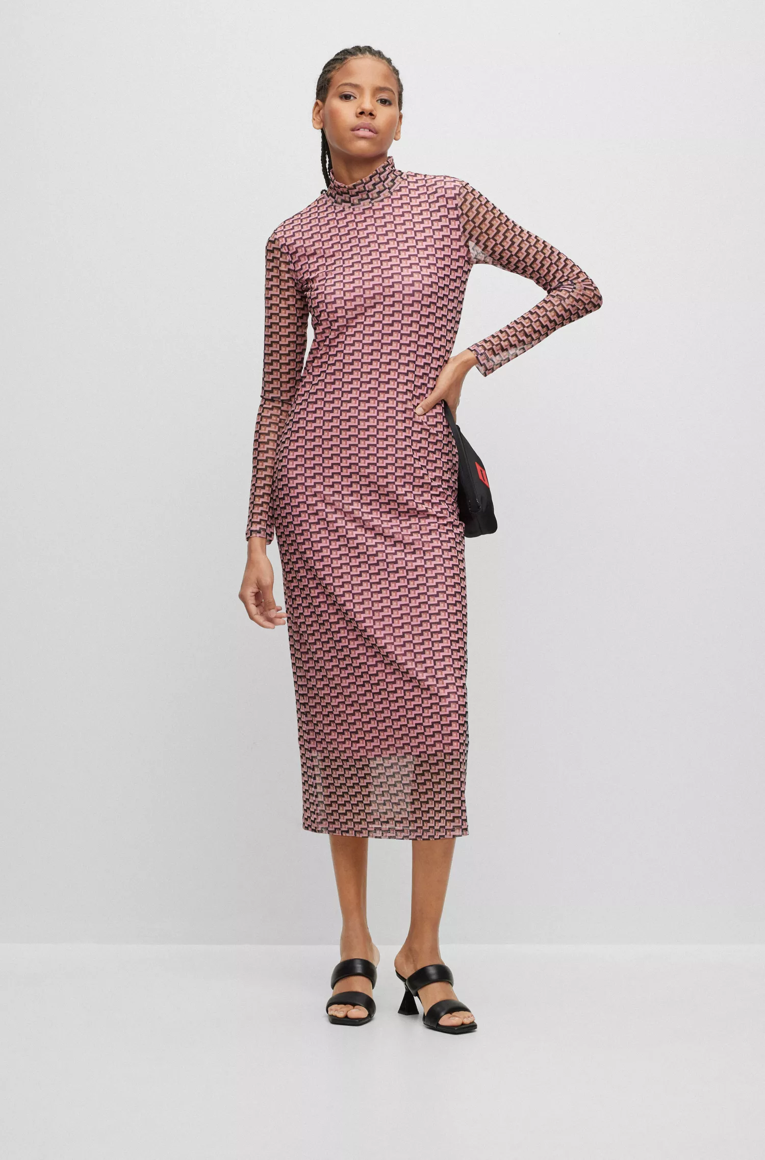 Vestido HUGO vermelho de corte justo em malha estampada com gola alta.