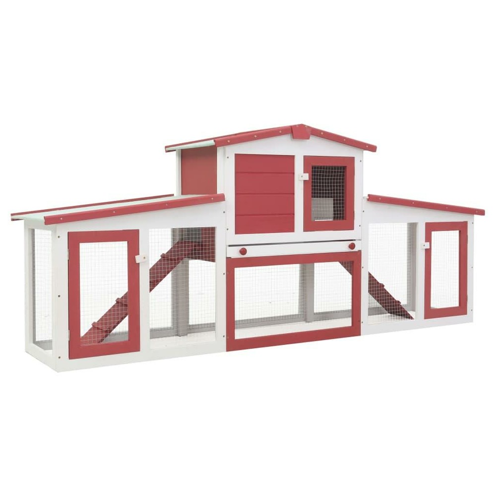 Clapier cage large d'extérieur 204 x 45 x 85 cm bois rouge et blanc