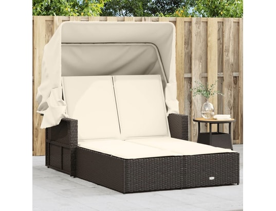 VIDAXL - Bain de soleil Chaise longue double avec auvent et coussins marron poly rot...