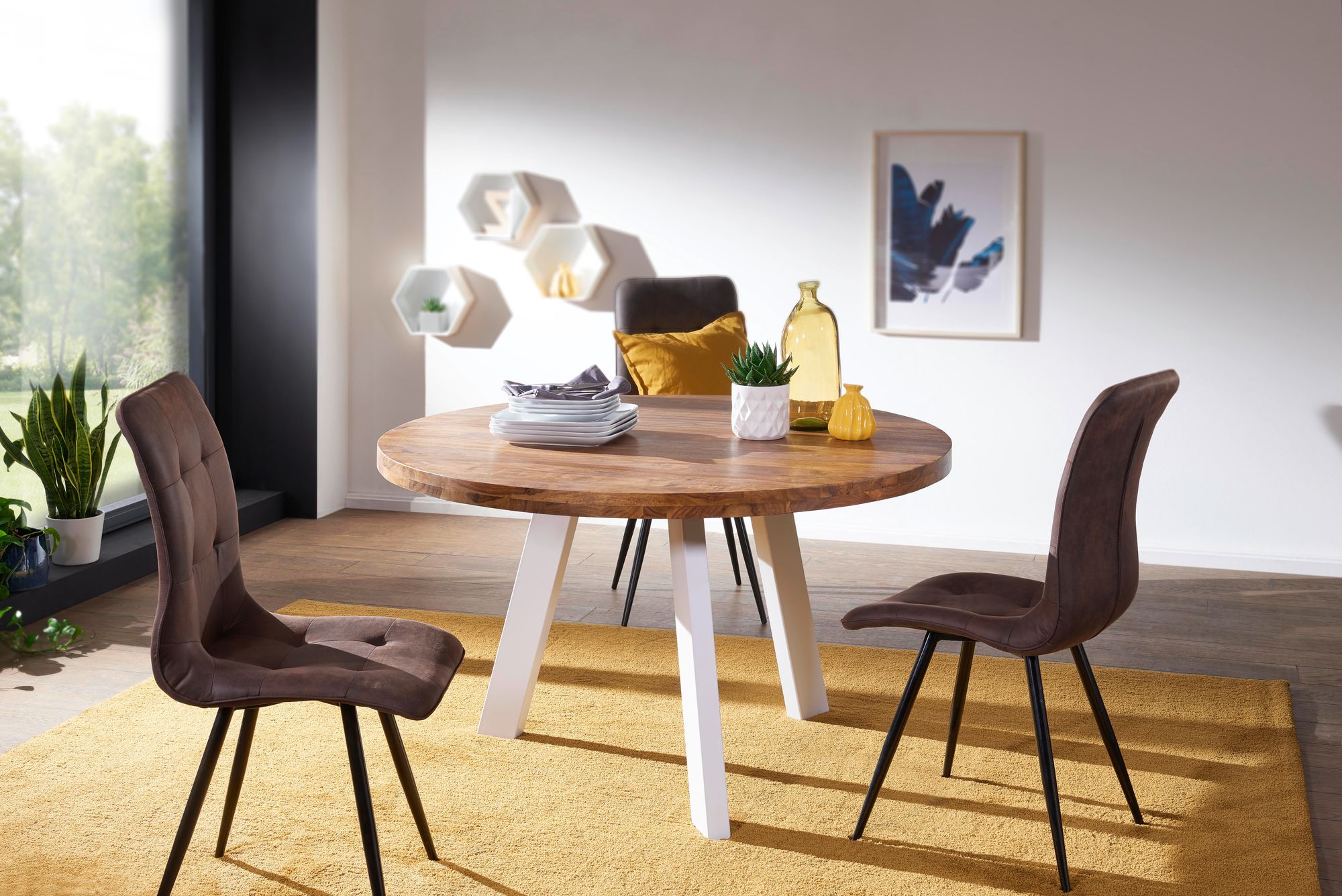 FineBuy Esszimmertisch Ø 130 cm Sheesham Holztisch Massiv Küchentisch Tisch