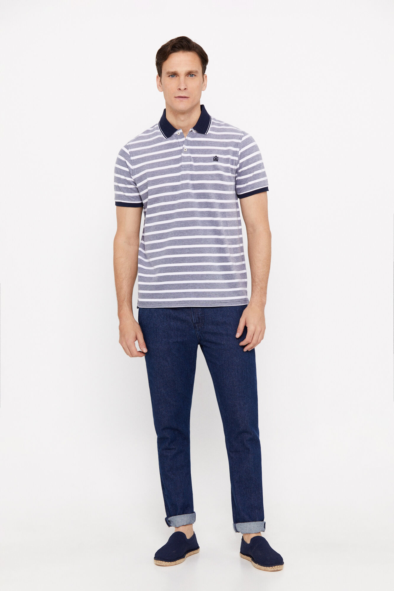 Camisa polo Oxford listrada com gola contrastante - Azul marinho
