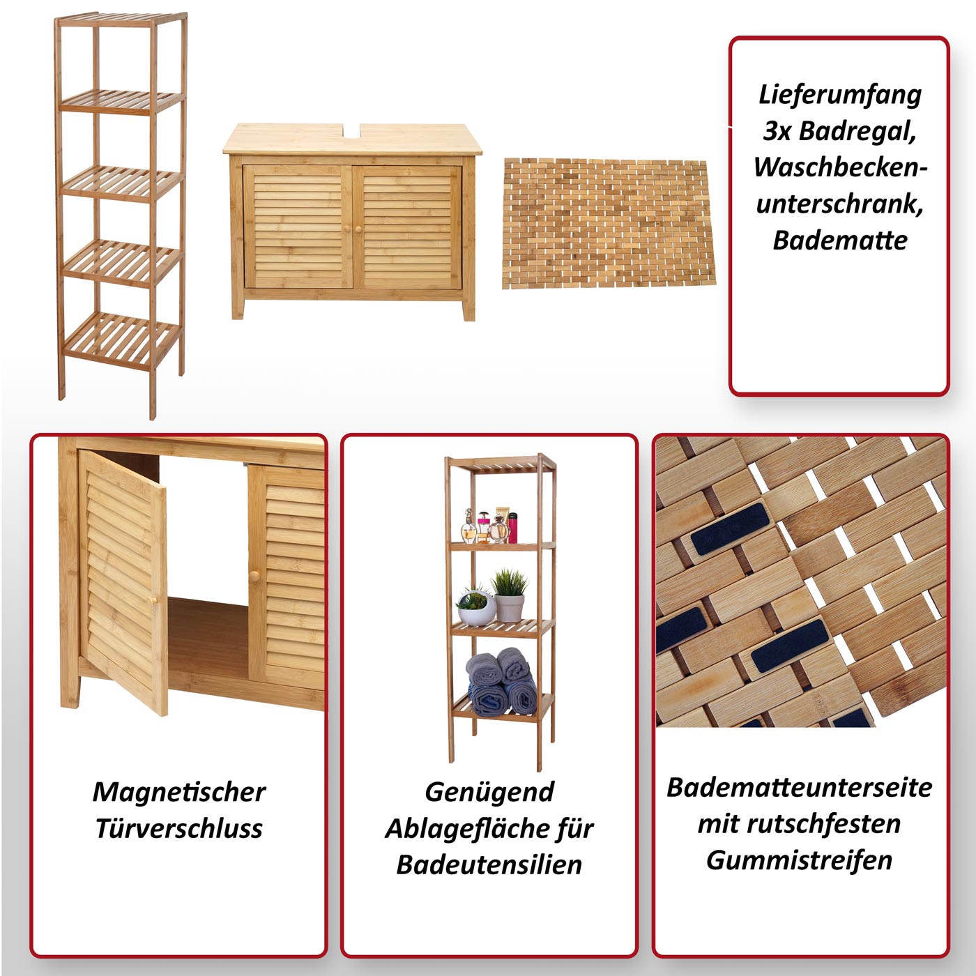 Badezimmerset MCW-B18, Komplett Badezimmer Badmöbel Badset Badschrank, Bambus
