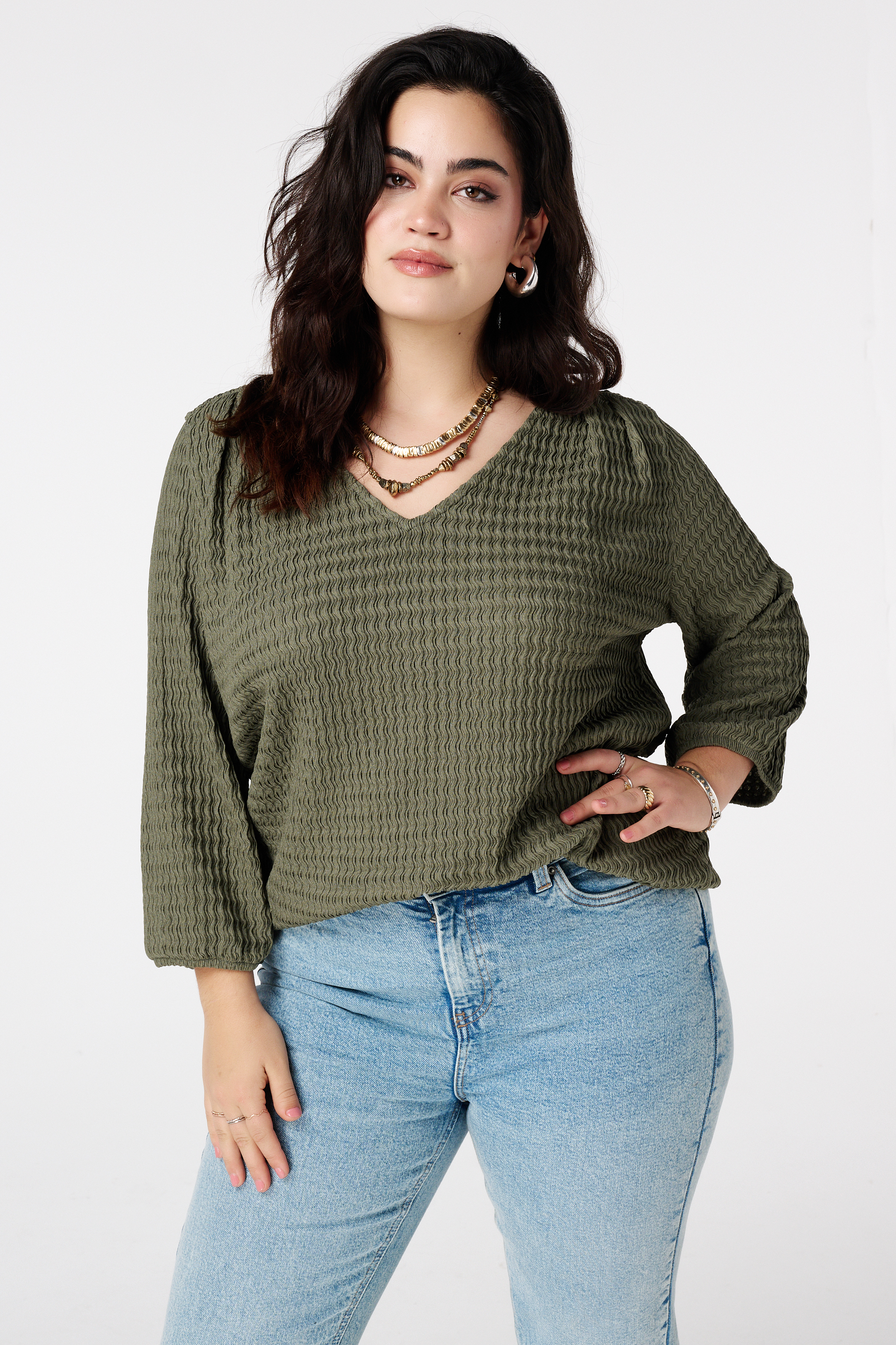 Top met structuur stof Khaki