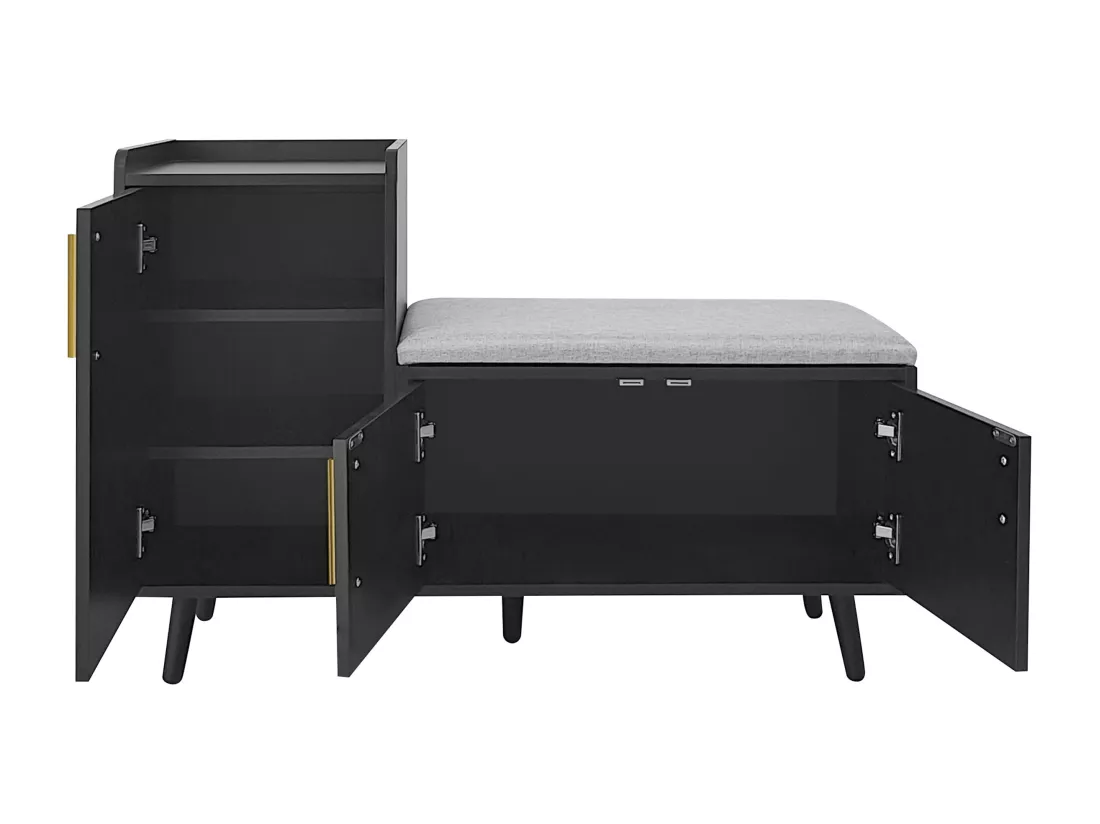 Banc à chaussures moderne avec 3 portes et coussin - pièds et poignées en métal - coloris noir - 100 x 34 x 69 cm