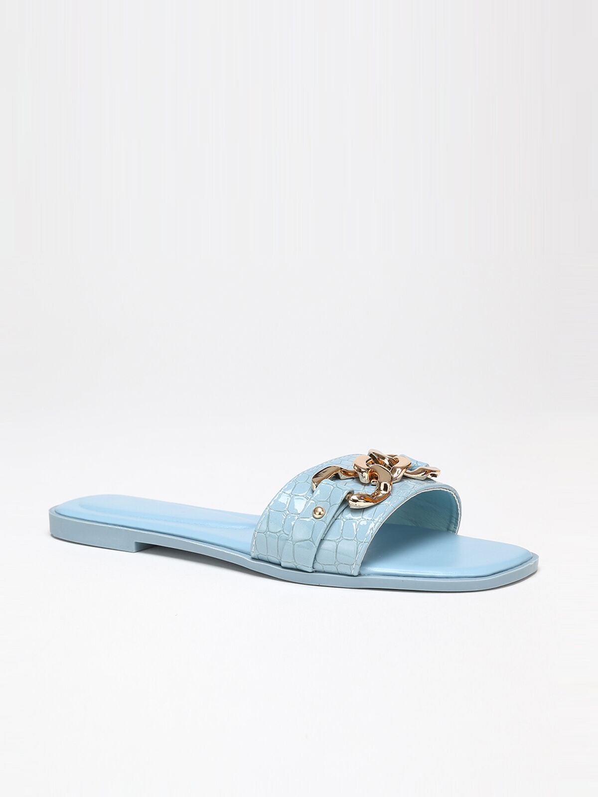 Mules effet croco et chaîne- Bleu