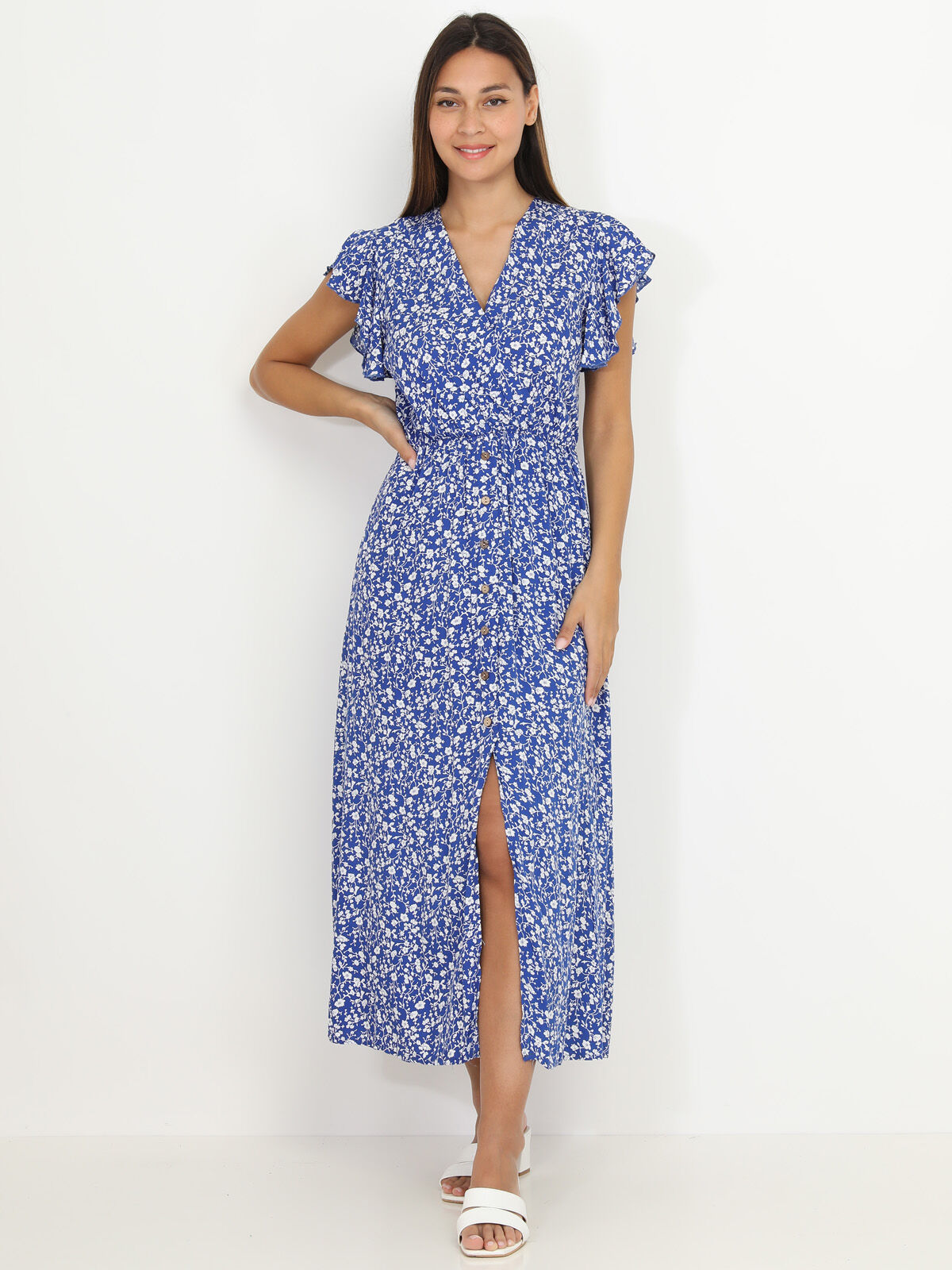 Robe longue fendue bleue à fleurs et volants Bleu- Bleu