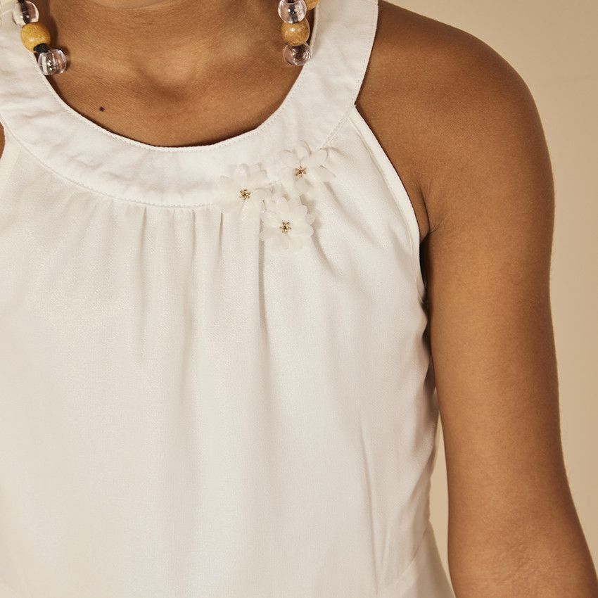 Robe de cérémonie sans manches bi-matière à fleurs pour fille - Ecru