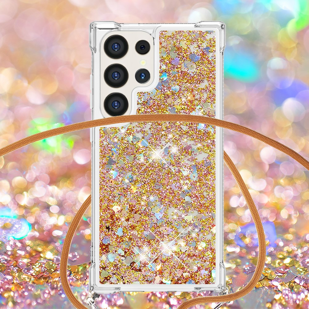 Samsung Galaxy S24 Ultra Necklace Gummi Hülle Liquid Glitzer   Handykette (130cm) - Braun / Gold