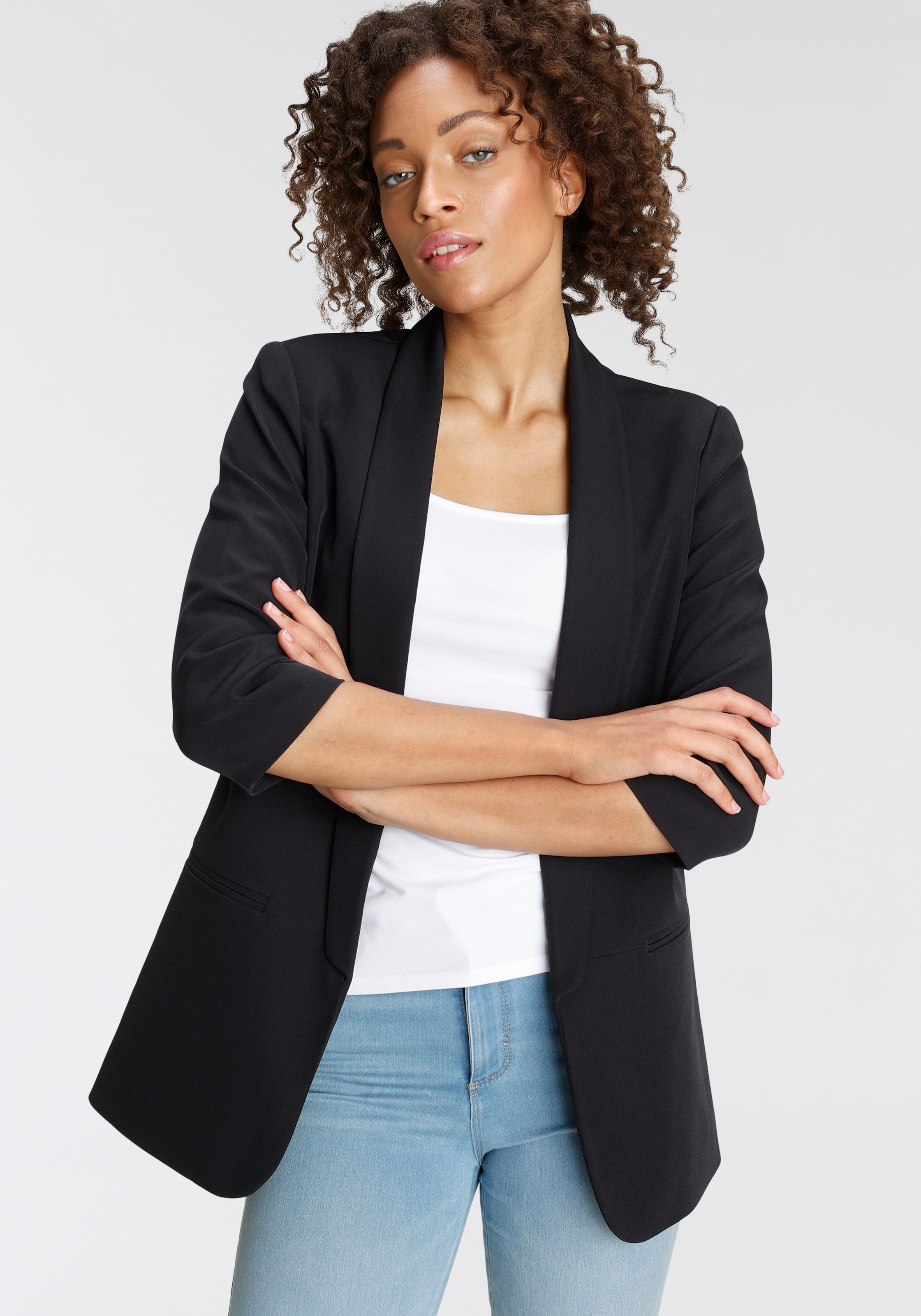 ONLY Kurzblazer »ONLELLA – Femininer Blazer mit 3/4-Ärmeln und Raffung«, regular fit, casual, Web, Kunstfaser, V-Ausschnitt