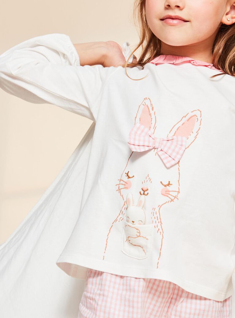 Ensemble pyjama écru à lapin et à carreaux