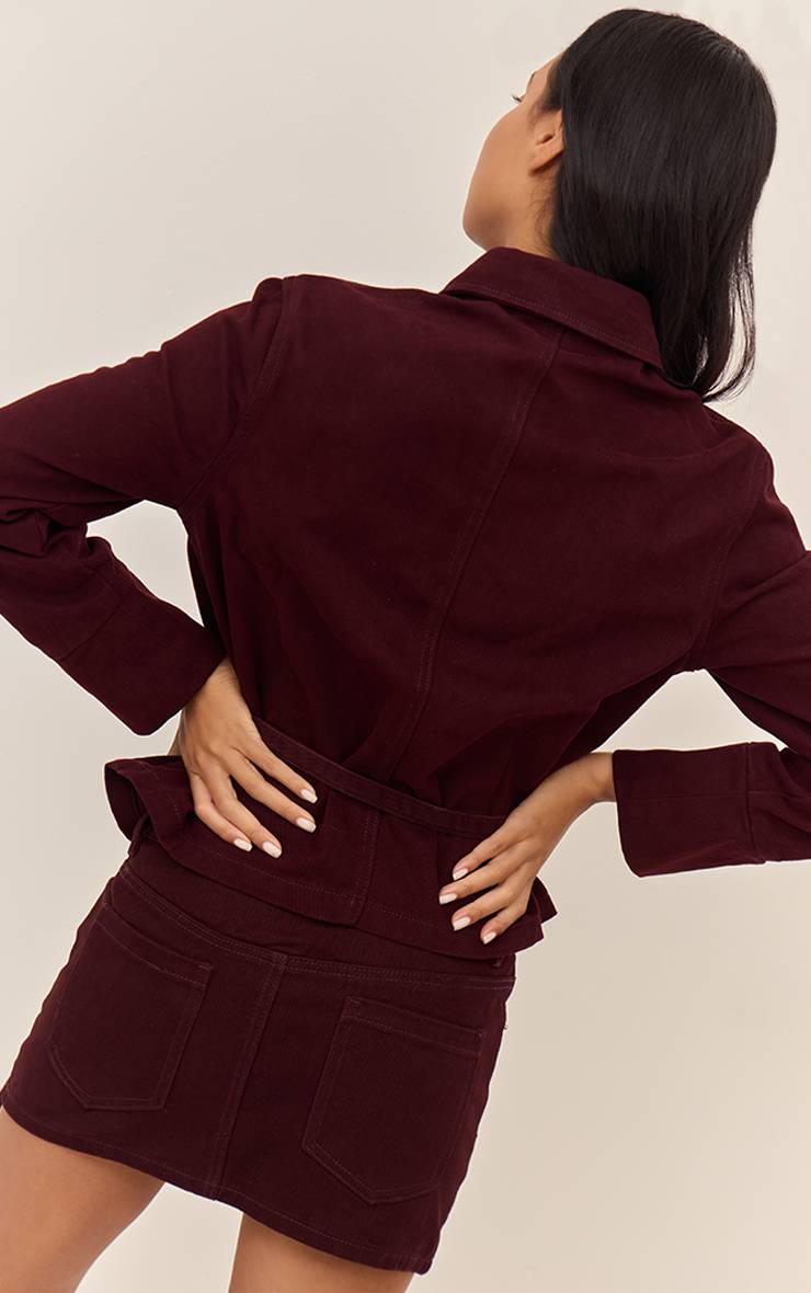 Rouge Bordeaux Veste En Jean Courte Ceinturée À Patte De Boutonnage Dissimulée