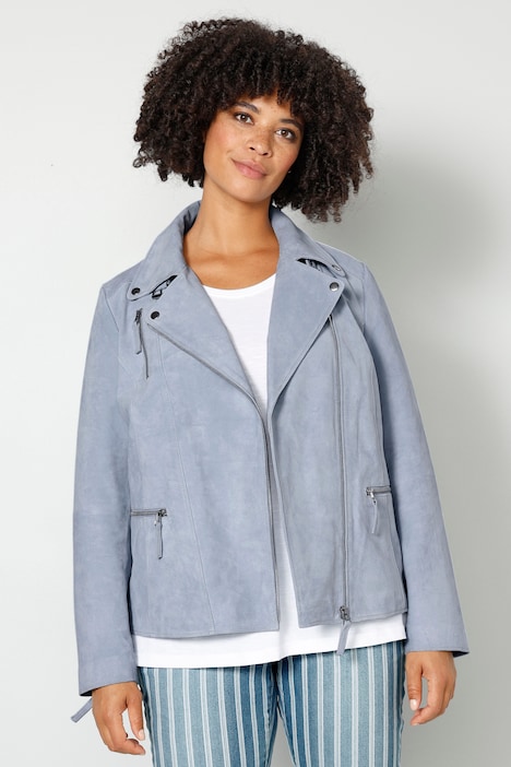 Leder-Bikerjacke, echtes Leder, Revers, Zipper, Langarm