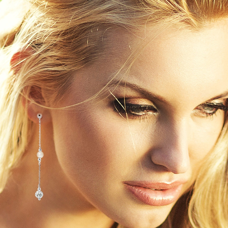 Boucles d'Oreilles en Argent Perles de culture blanches et Cristal Blanc